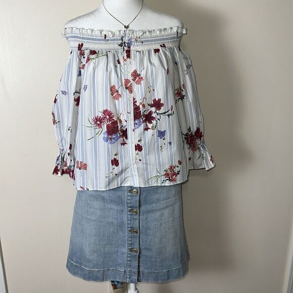 ZARA XS White Blue Vercial Stripe Floral Two Way Quarter Sl On Off Shoulder Top - Picture 7 of 10